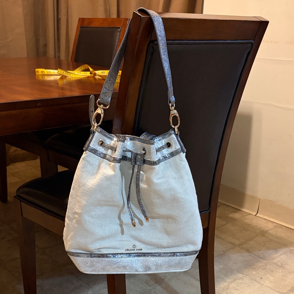 Cream Canvas Convertible Bucket and Backpack with Silver Trim